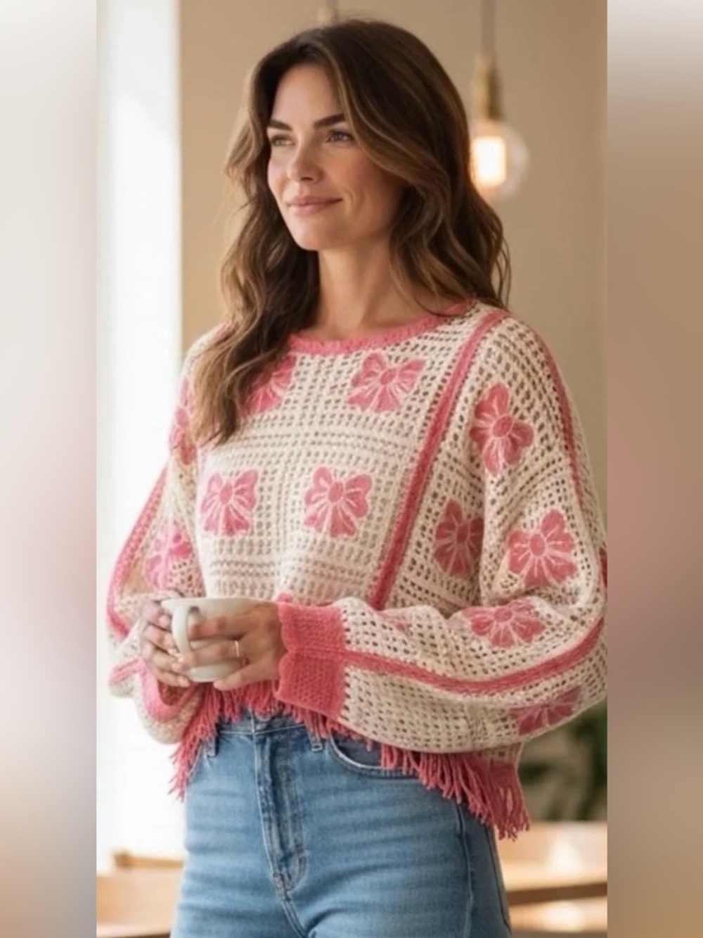 House of Harlow Crochet Fringe Poncho Top Pink Bow Granny Square. One Size